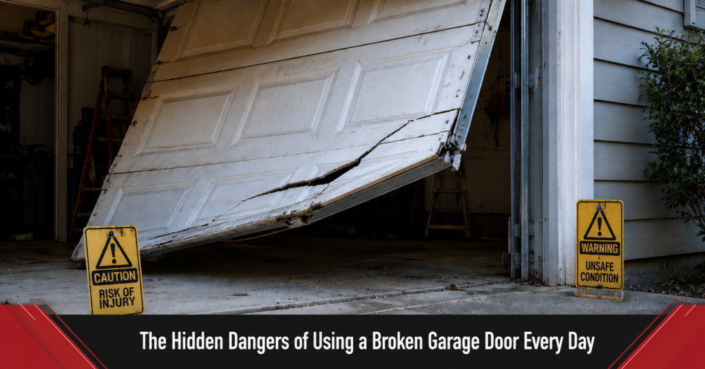 Homeowner inspecting a broken garage door spring before daily use