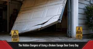 Homeowner inspecting a broken garage door spring before daily use