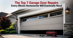 Technician repairing a garage door spring at an Illinois home