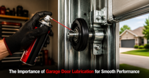 Technician applying garage door lubrication to a roller and track