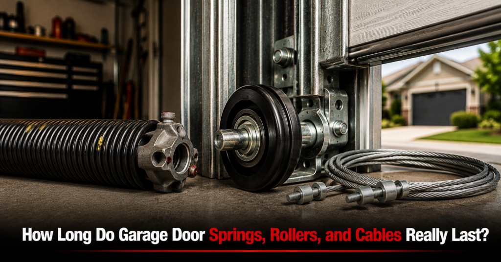 Worn garage door spring and cable showing signs of end of lifespan