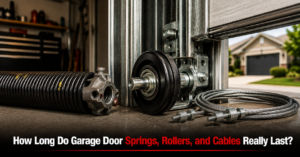 Worn garage door spring and cable showing signs of end of lifespan