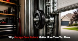 Technician applying garage door lubrication to a roller and track